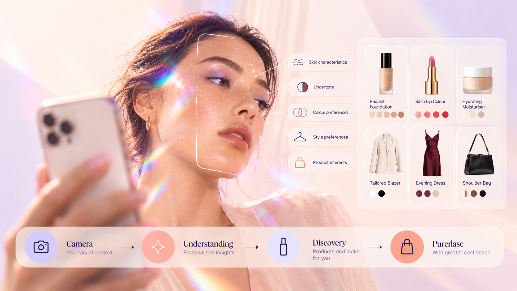 Overview of camera-native commerce: a shopper's face scan leading to personalized beauty and fashion recommendations