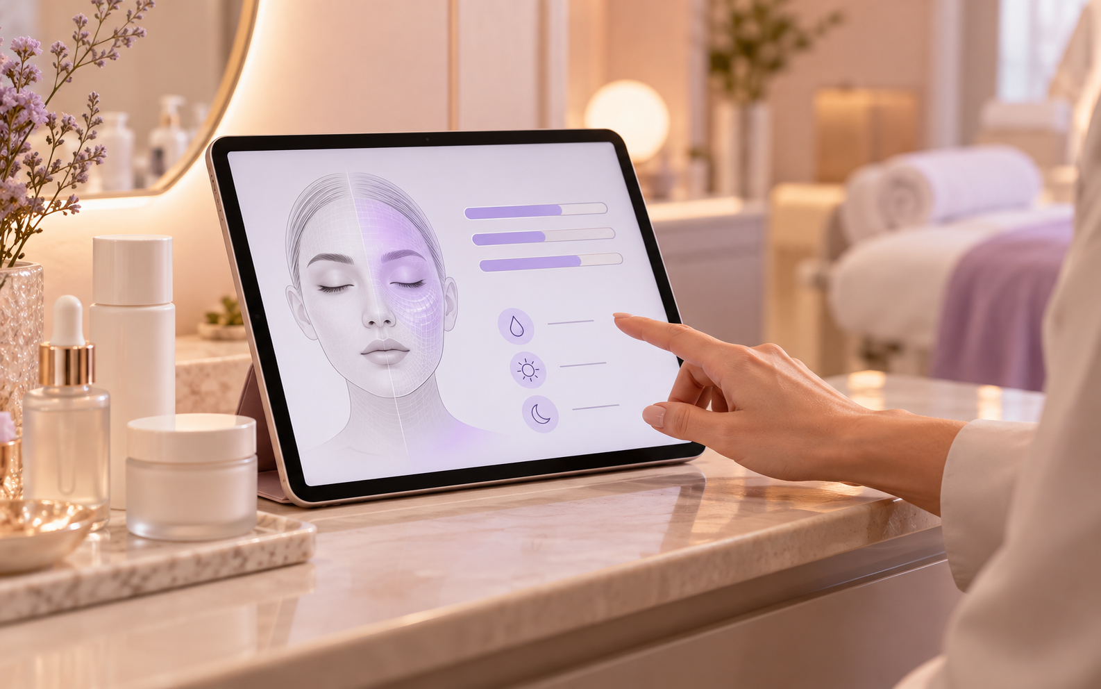 A beautician's tablet showing a client's skin scan results and a recommended routine