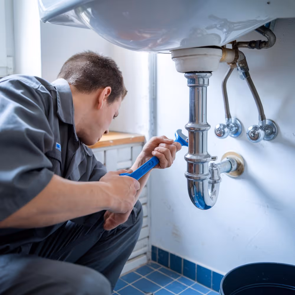 Loodgieter in grijze overall repareert waterpijp onder een wastafel met een blauwe verstelbare moersleutel.