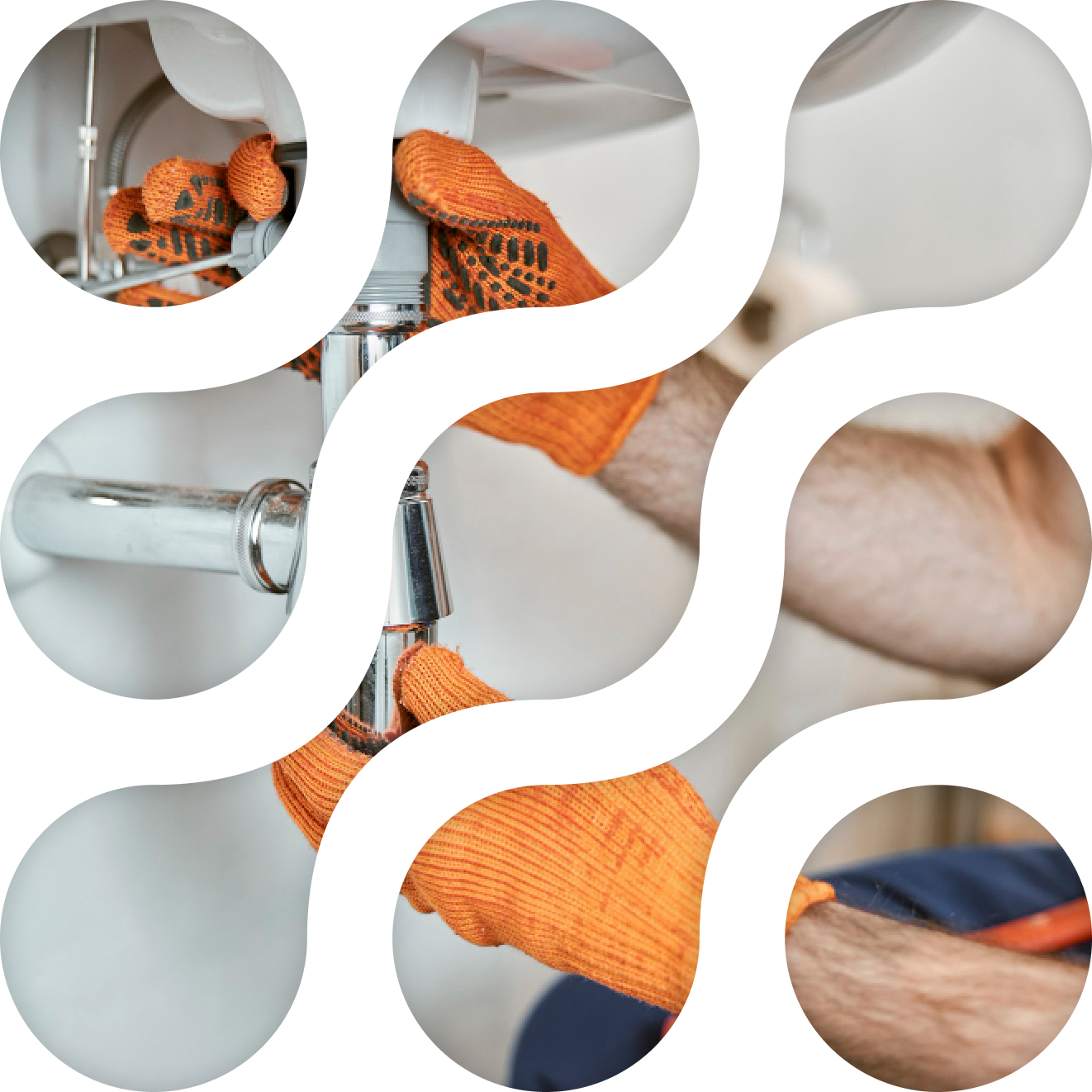 Persoon met oranje handschoenen die een chromen pijp onder een wastafel vastzet.