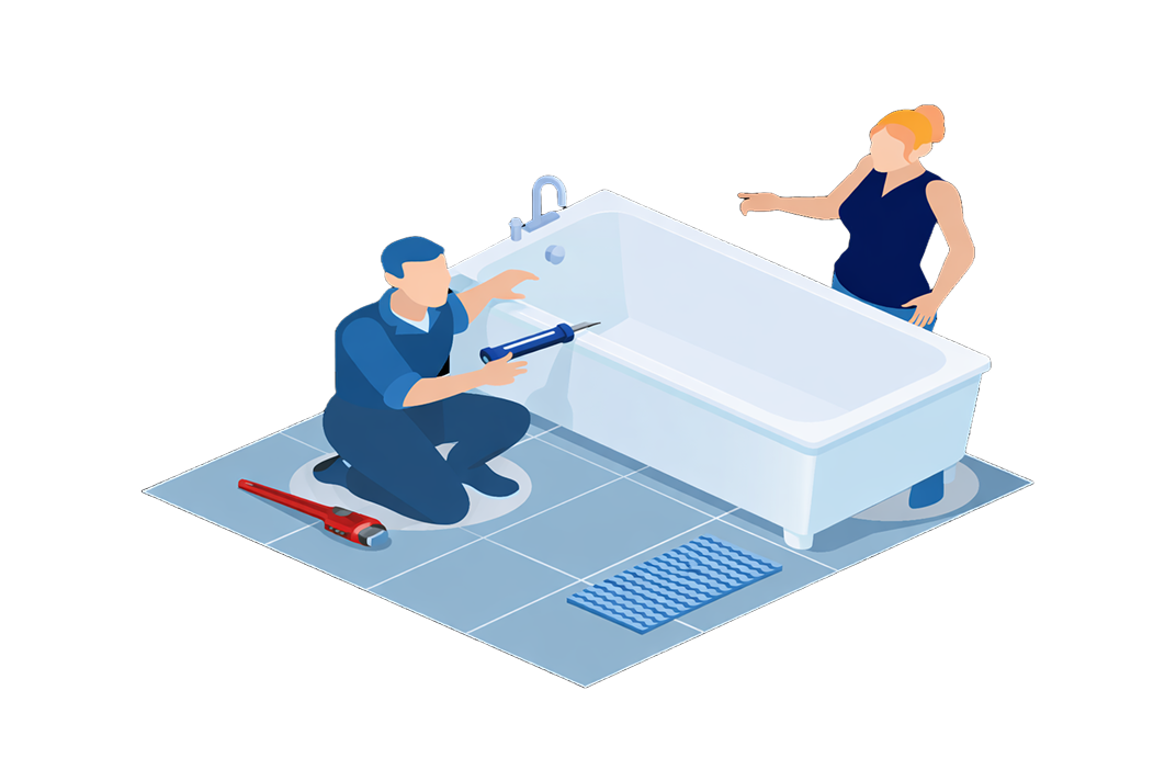 Man repareert een bad terwijl een vrouw toekijkt in een betegelde badkamer.