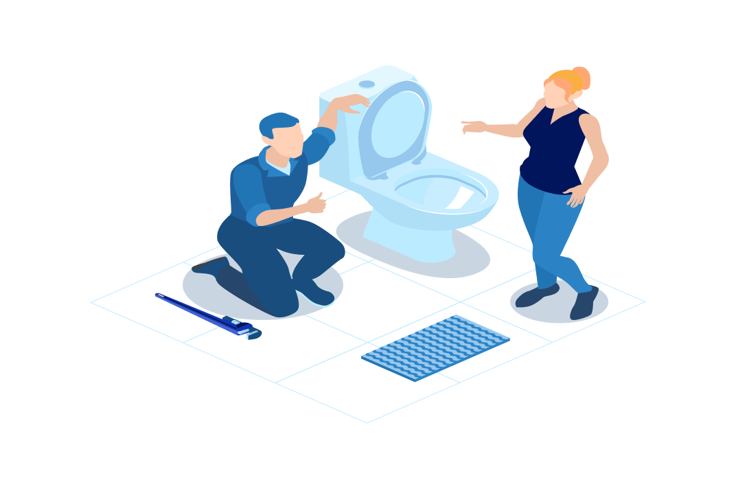 Man knielt naast toilet met moersleutel op de vloer terwijl een vrouw wijst naar het toilet in een badkamer.