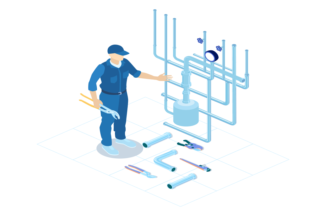Een loodgieter in blauwe werkkleding die een pijp- en sleutelset vasthoudt, omringd door leidingen en verschillende loodgietersgereedschappen op de vloer.