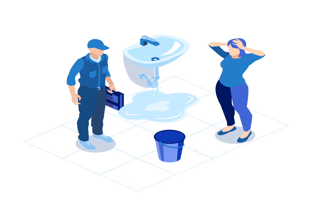 Loodgieter met gereedschapskist bij een lekkende wastafel met water op de vloer, een vrouw staat met handen aan het hoofd.