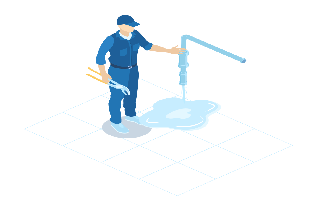 Loodgieter in blauwe kleding met tang staat bij een lekkende waterkraan met een plas water op de vloer.