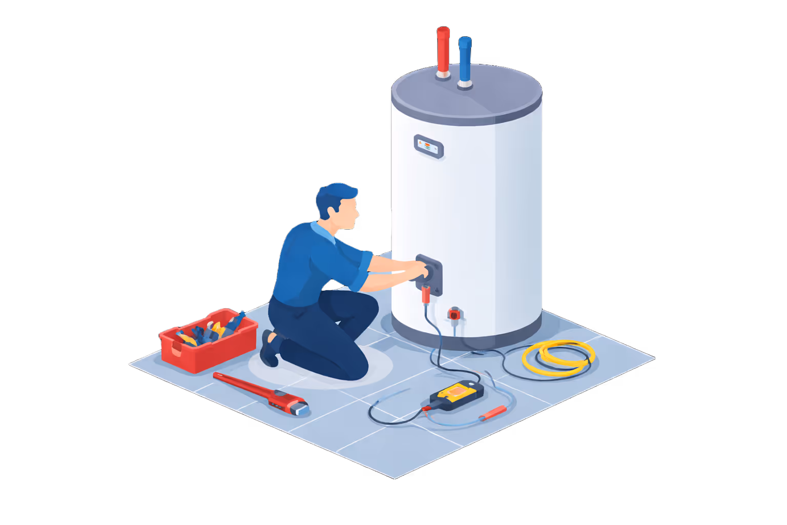 Technicus die een witte warmwaterboiler met pijpen en gereedschap repareert op een betegelde vloer.