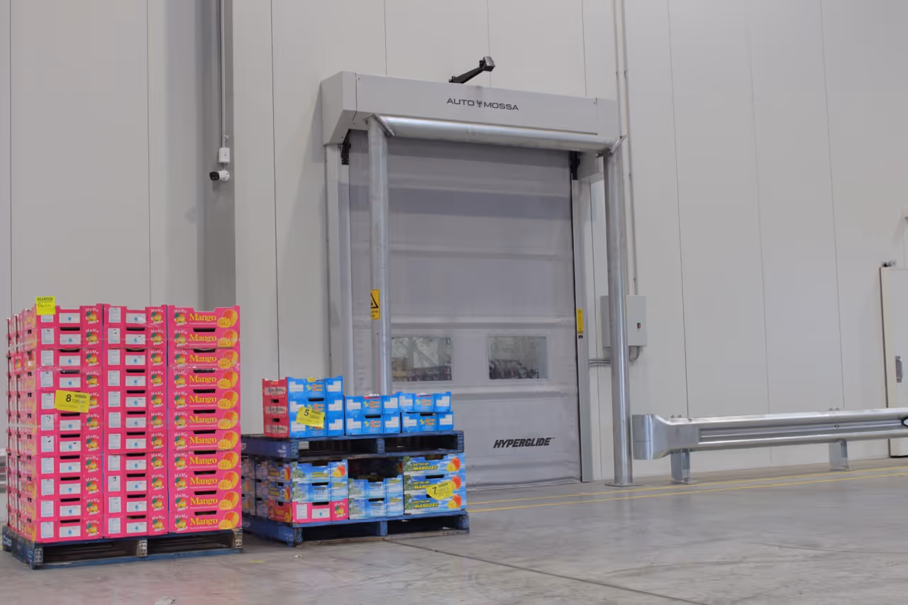 Stacked pallets of boxed mangoes next to a grey industrial roller door in a warehouse.