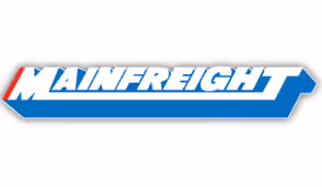 Mainfreight company logo with bold white text on a blue and red background.