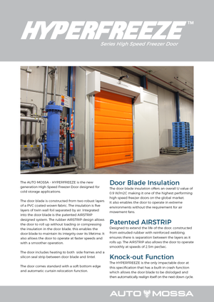 Industrial freezer door in a warehouse setting with blue machinery and stacked blue pallets nearby.