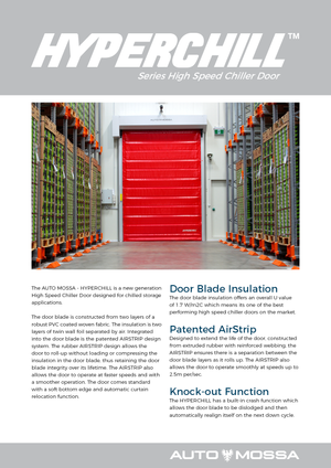 Red high-speed chiller door in an industrial cold storage facility with metal racks on both sides.