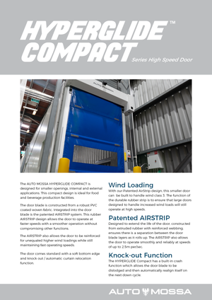 Blue Hyperglide Compact high-speed industrial door installed in a metal warehouse frame.