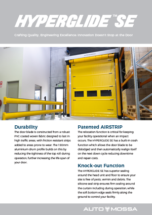 Industrial yellow Hyperglide SE door in a warehouse with safety barriers and shelving nearby, alongside text describing door durability, patented airstrip, and knock-out function features.