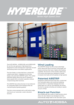 Blue industrial high-speed door in a warehouse surrounded by pallets of goods and shelving racks.