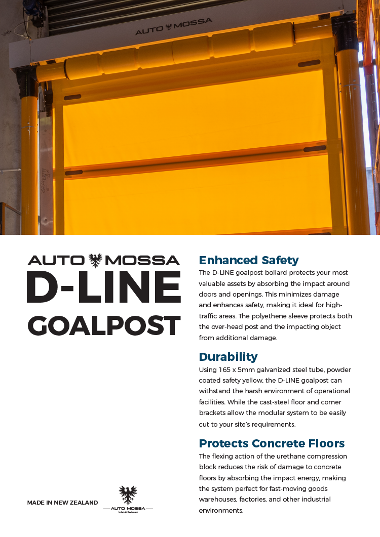 Yellow D-LINE goalpost bollard from AUTO MOSSA installed in an industrial doorway with text describing its safety, durability, and floor protection features.