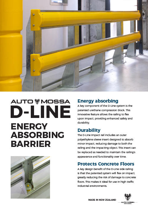 Yellow D-Line energy absorbing barrier rails mounted on metal posts in an industrial setting, with descriptive text about safety and durability features.