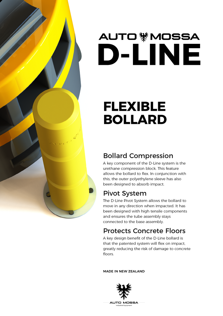 Yellow flexible bollard mounted on a base plate next to a yellow and black industrial object, with text describing Auto Mossa D-Line bollard features including urethane compression, pivot system, and concrete floor protection.