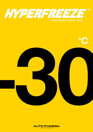 Yellow background with bold black text showing -30°C and white text 'HYPERFREEZE High Speed Freezer Door' and 'AUTO MOSSA' logo at bottom.