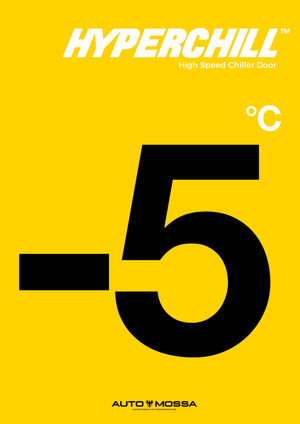 Bright yellow background with white text 'HYPERCHILL High Speed Chiller Door' and large black '-5°C' in the center.