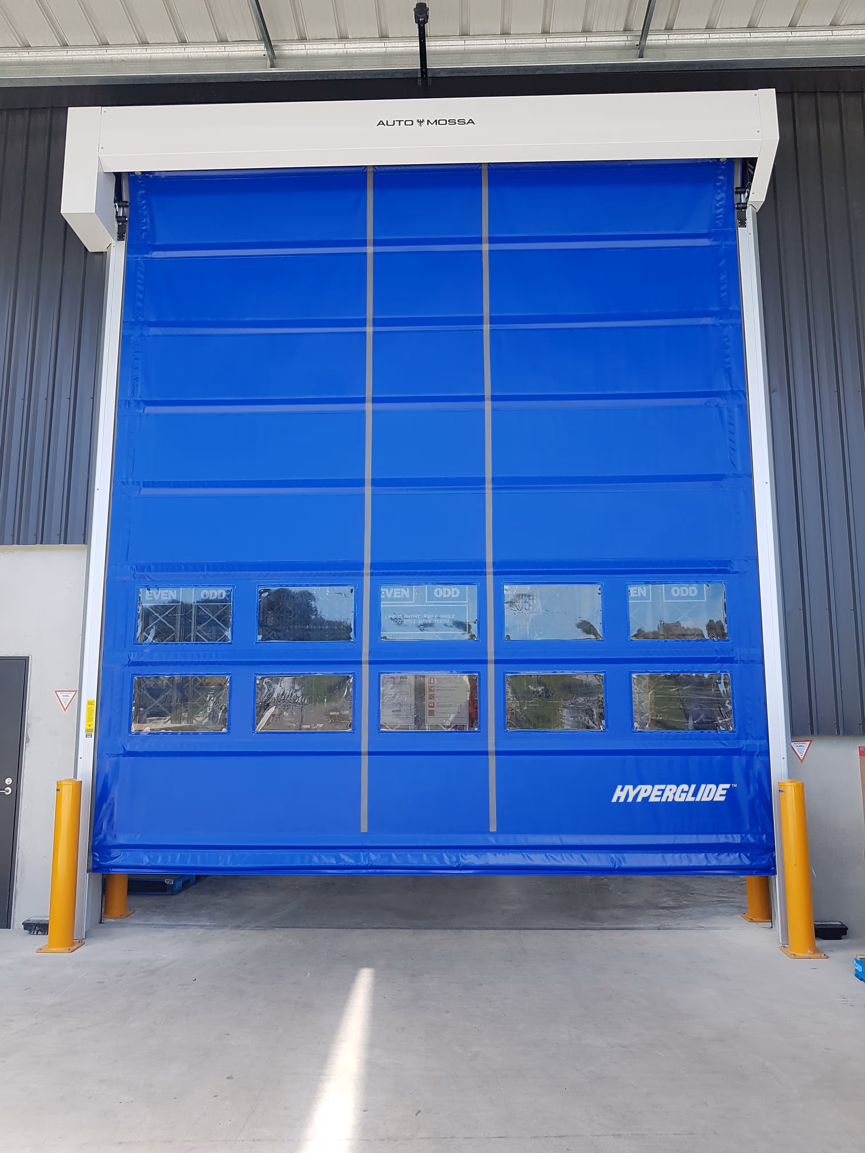 Blue industrial roll-up door with clear rectangular windows in a warehouse setting.