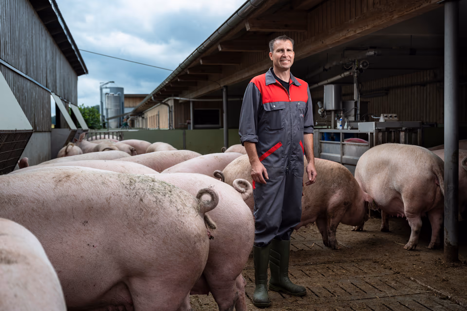 Bauer steht in grauem Arbeitsanzug mit roten Akzenten und grünen Gummistiefeln in einem Schweinestall umgeben von vielen Schweinen.