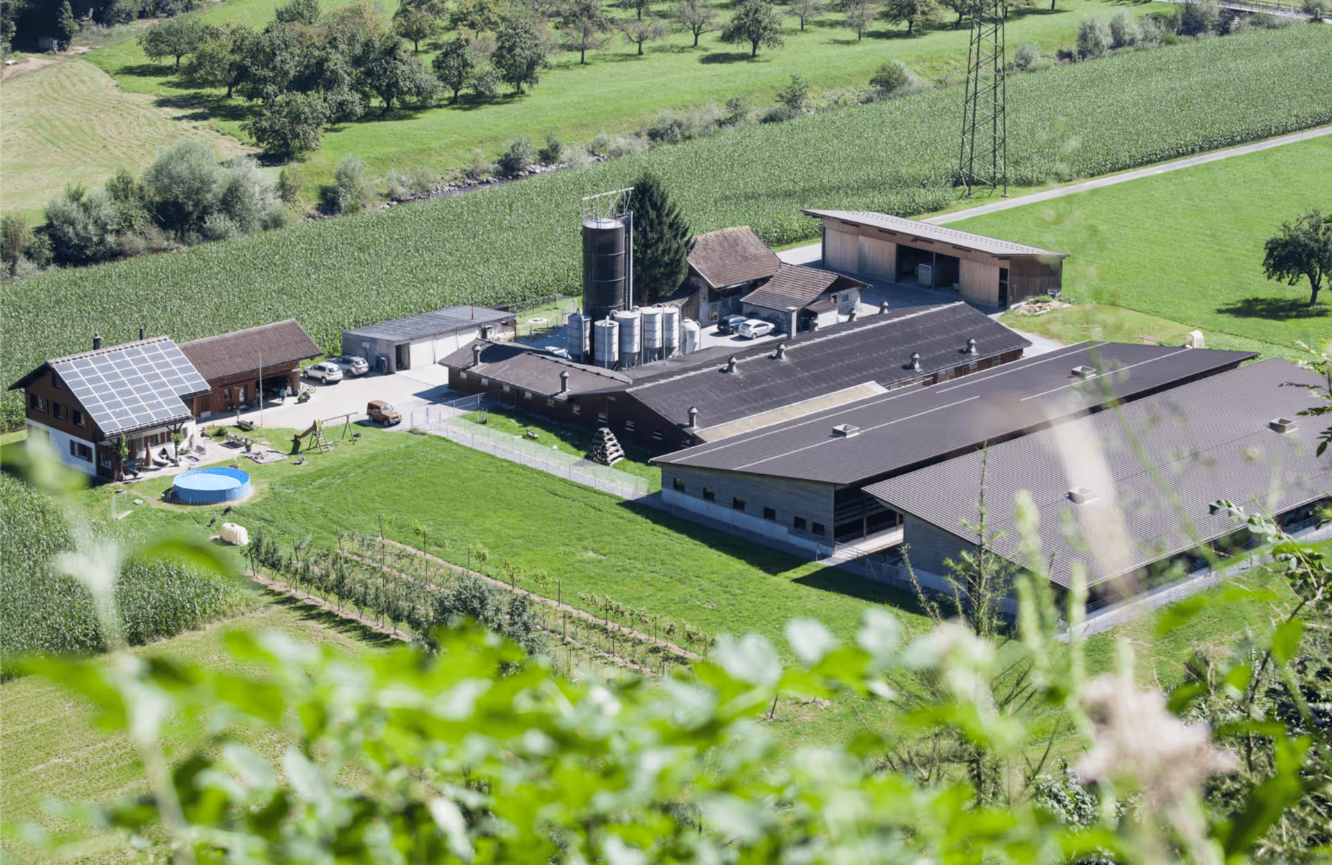Luftaufnahme eines landwirtschaftlichen Betriebs mit mehreren Gebäuden, Solarpanelen auf einem Hausdach und grünen Feldern.