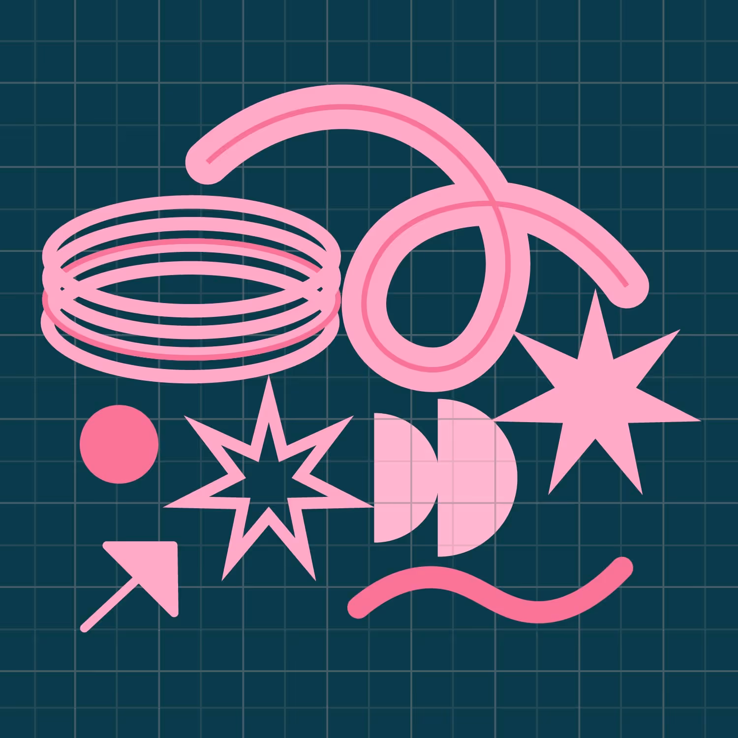 Various pink abstract geometric shapes and stars on a dark teal grid background.