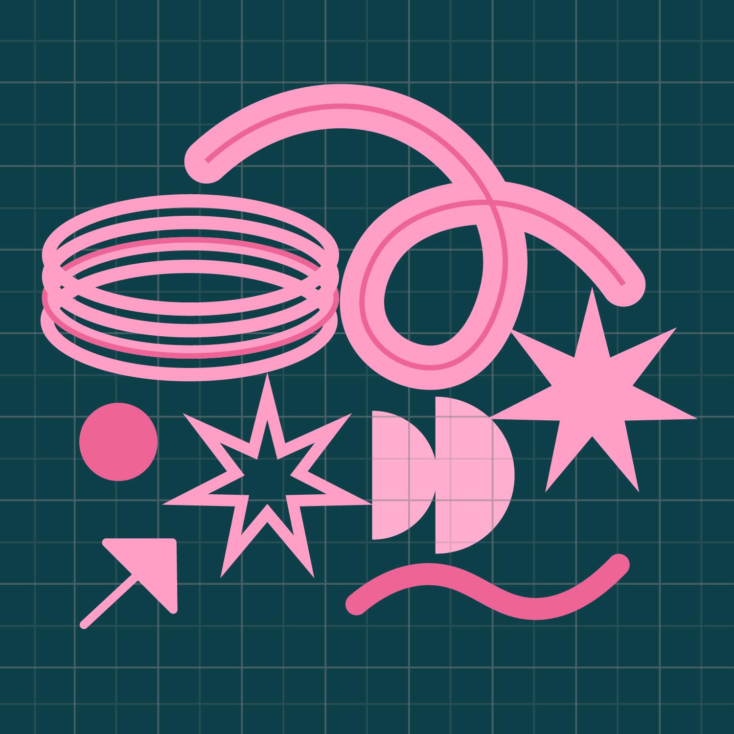 Various pink abstract geometric shapes and stars on a dark teal grid background.