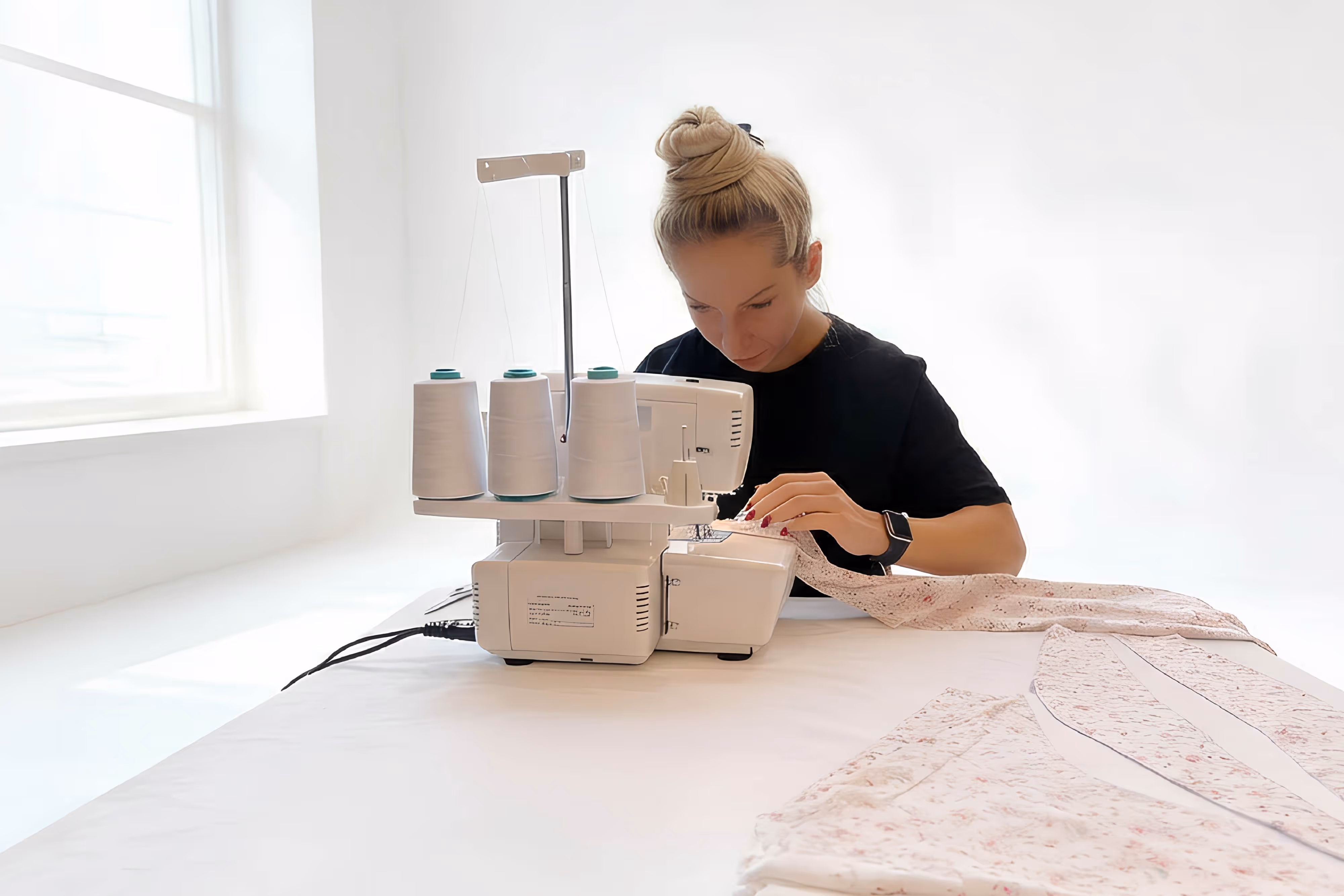 Woman with blonde hair in a bun using a serger sewing machine to stitch floral fabric in a bright room.