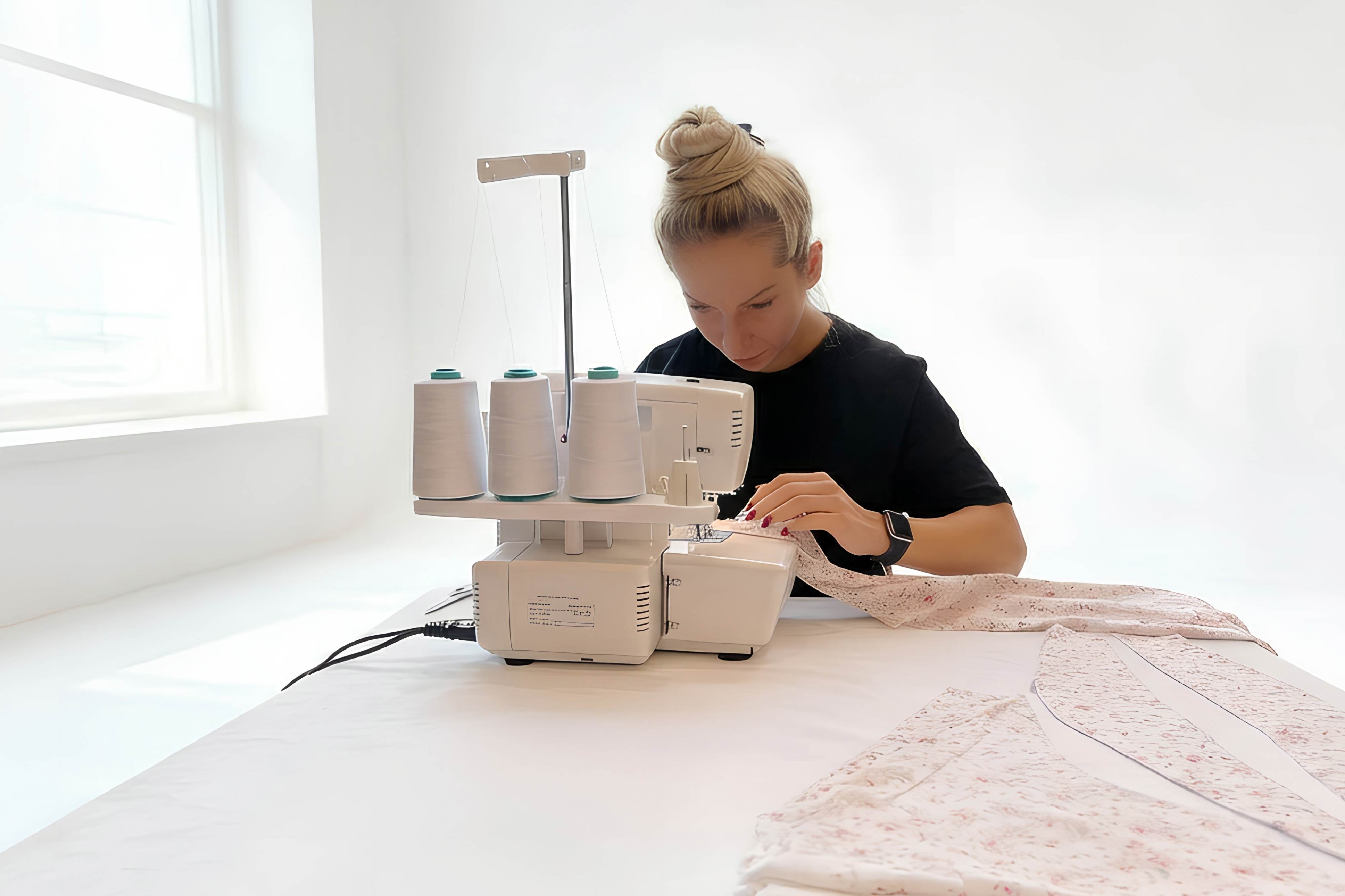 Woman with blonde hair in a bun using a serger sewing machine to stitch floral fabric in a bright room.