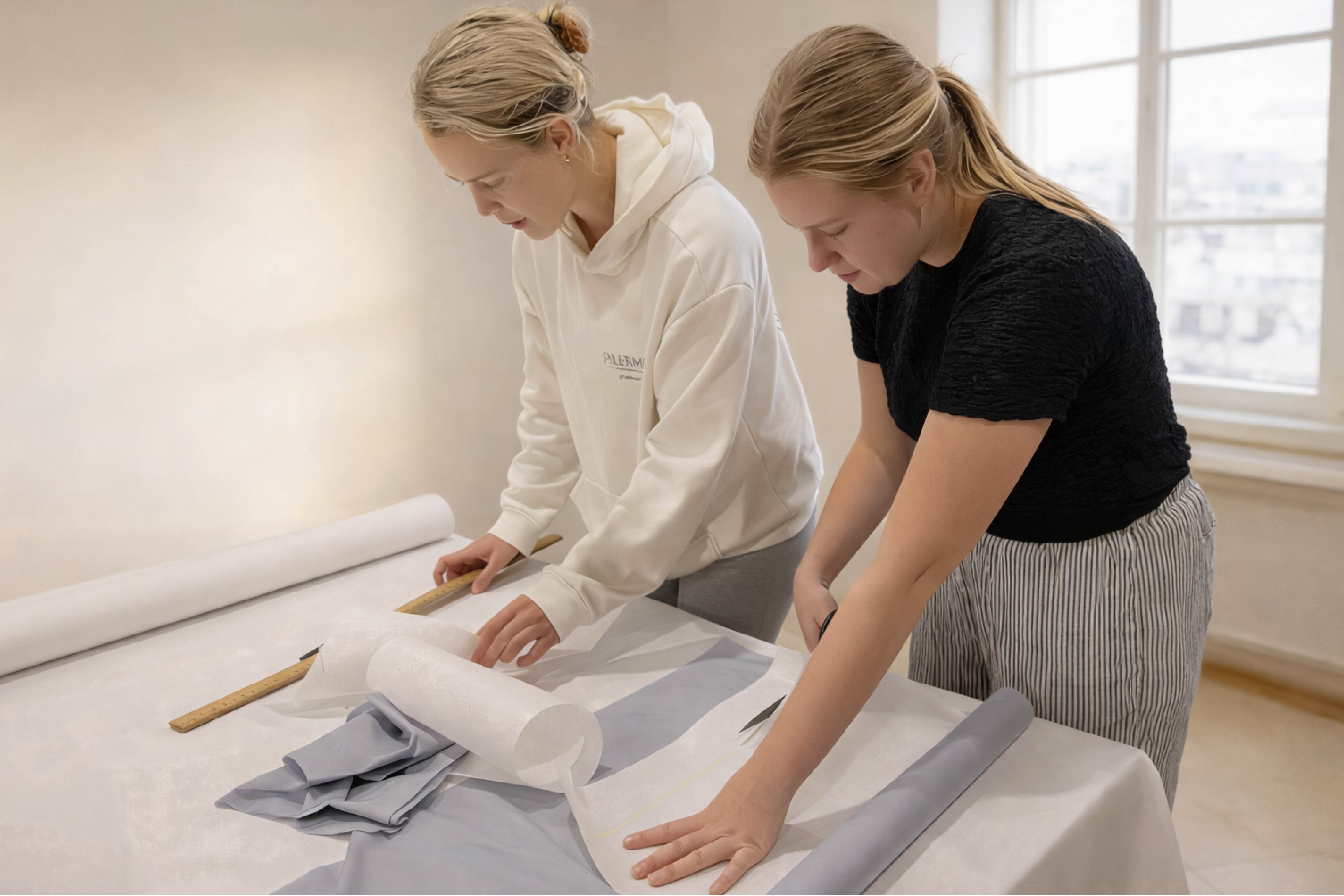 Two women measuring and cutting fabric with a ruler on a table in a bright room.