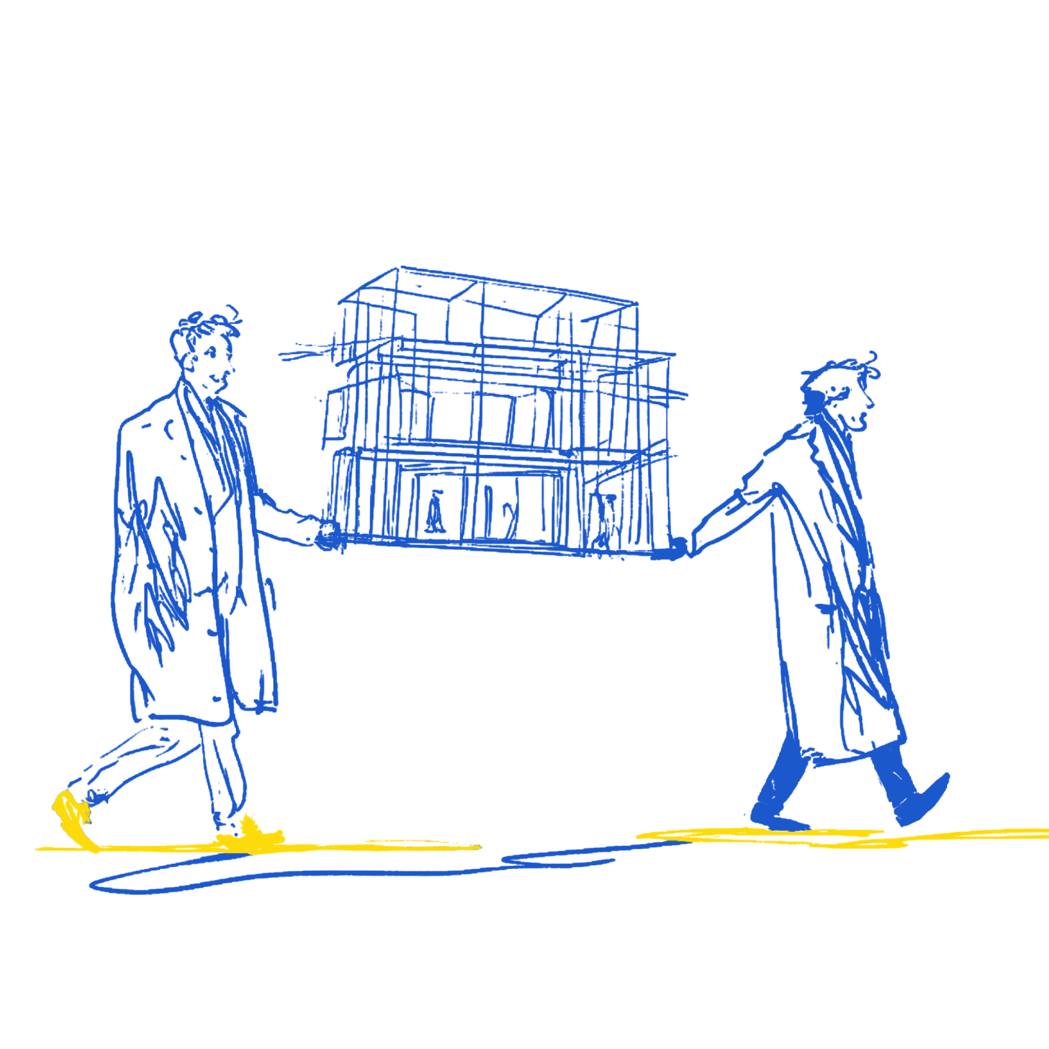 Engineer carrying a complete structural frame model, representing the handover of a fully resolved BIM model as a single coherent engineering deliverable