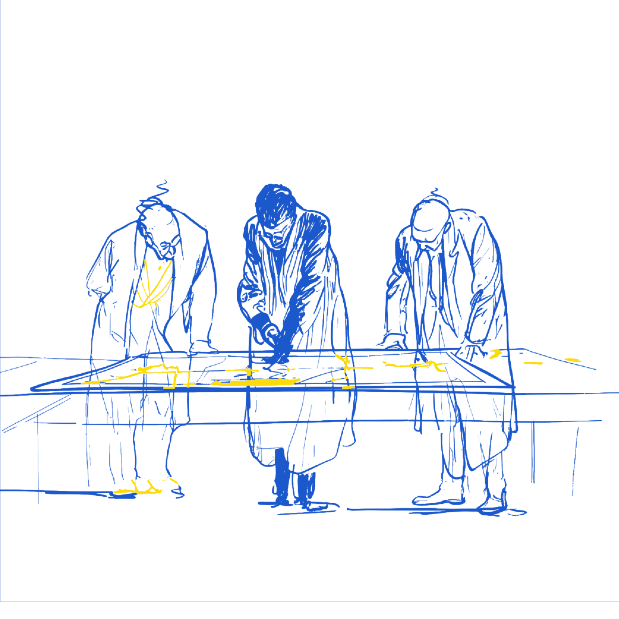 Three engineers collaborating over a shared plan on a table, representing coordinated review and quality control of technical documentation across the delivery team