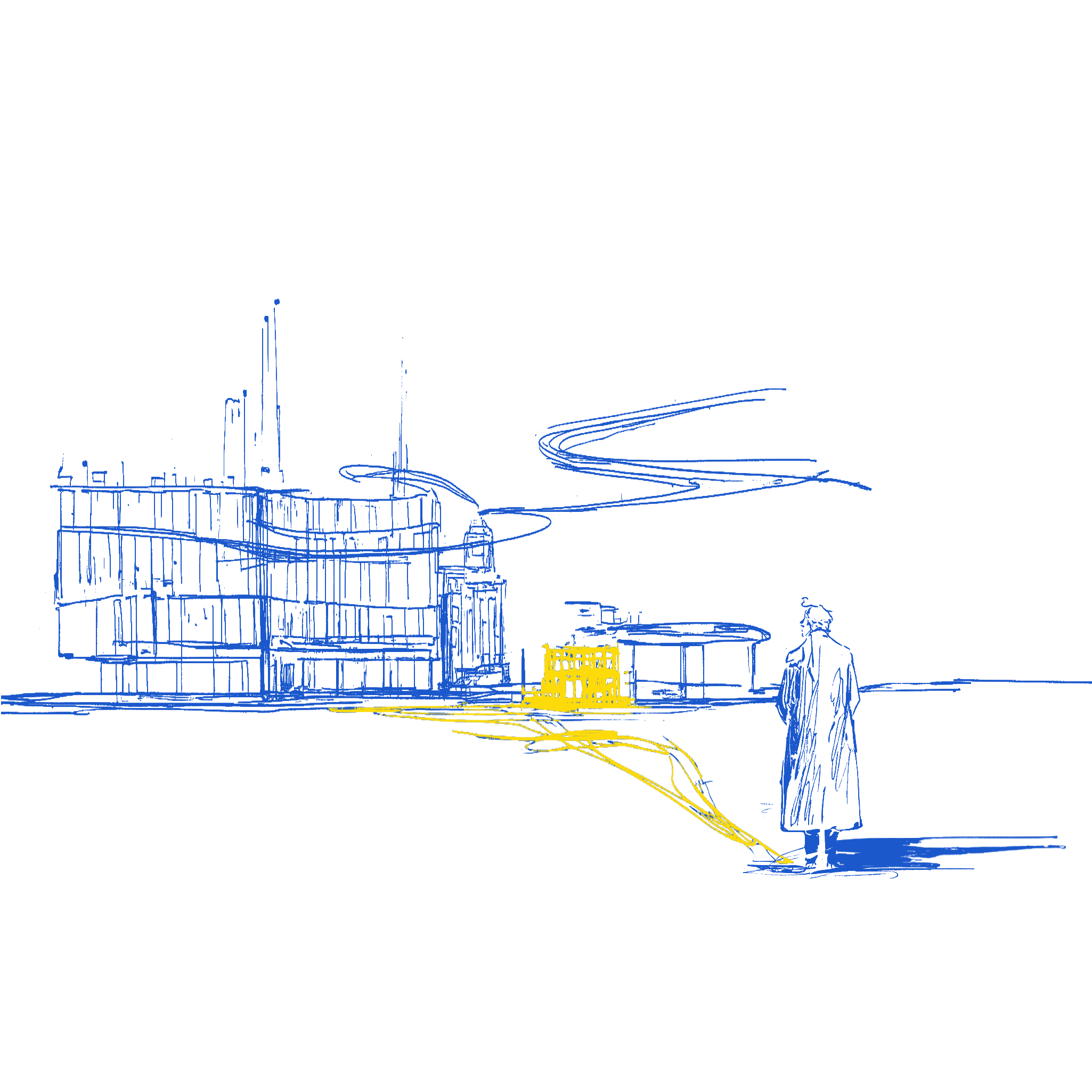 Engineer walking past a large building facade, representing confident engineering documentation delivery within complex AEC construction projects