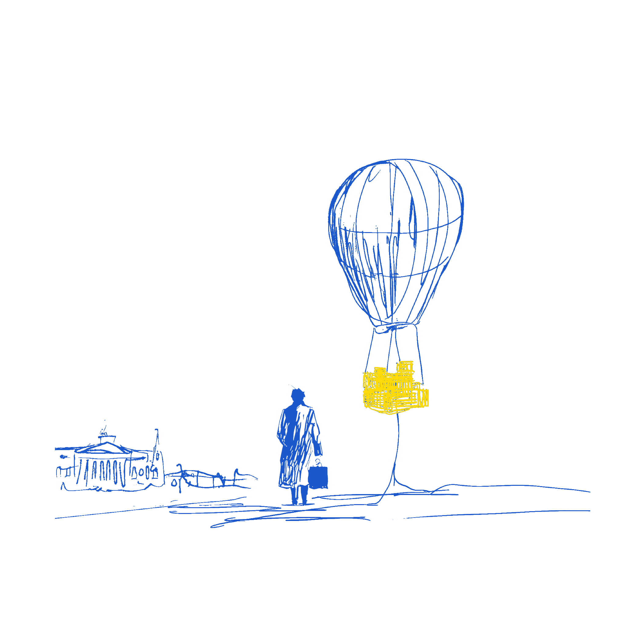 Solitary figure watching a hot air balloon carrying a golden payload lift above a city skyline, representing the moment a completed deliverable package leaves the production process
