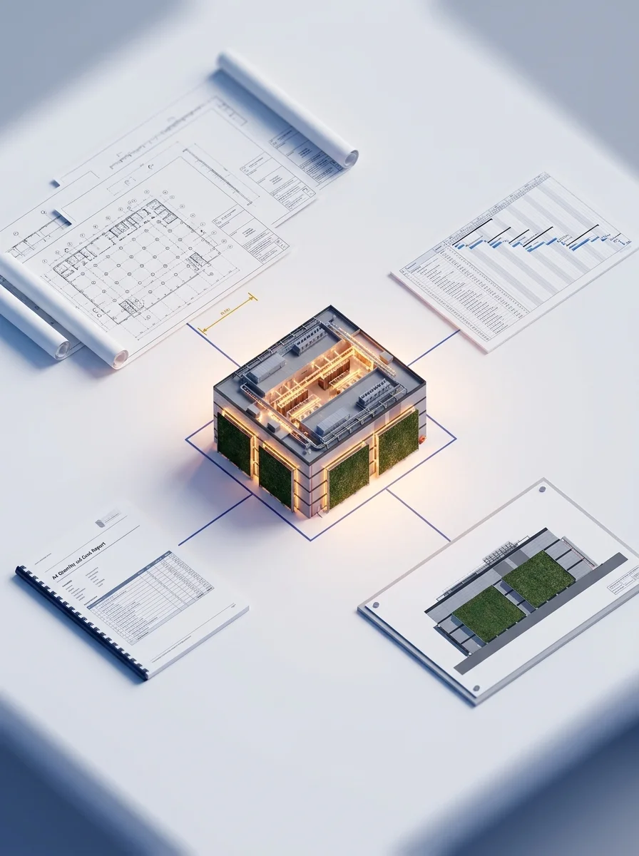 Building information model positioned on technical engineering drawings, representing BIM integration with precise documentation output for structural engineering teams