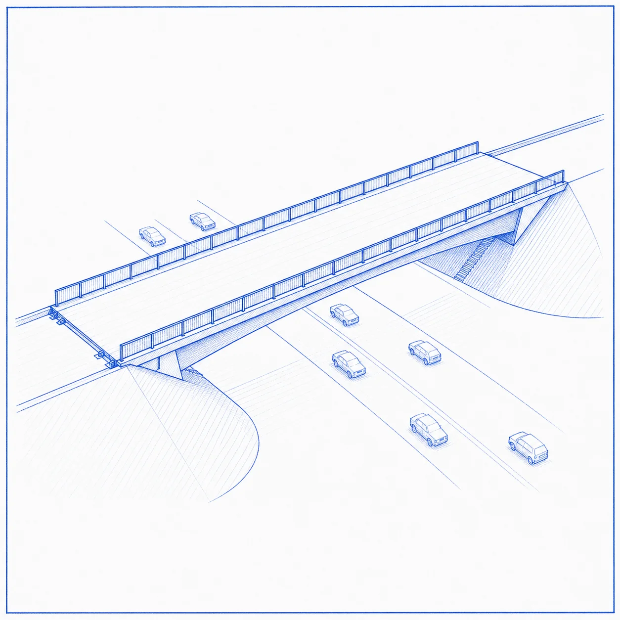 Perspective structural drawing of a bridge or ramp structure representing engineering documentation delivery for complex infrastructure and civil engineering projects