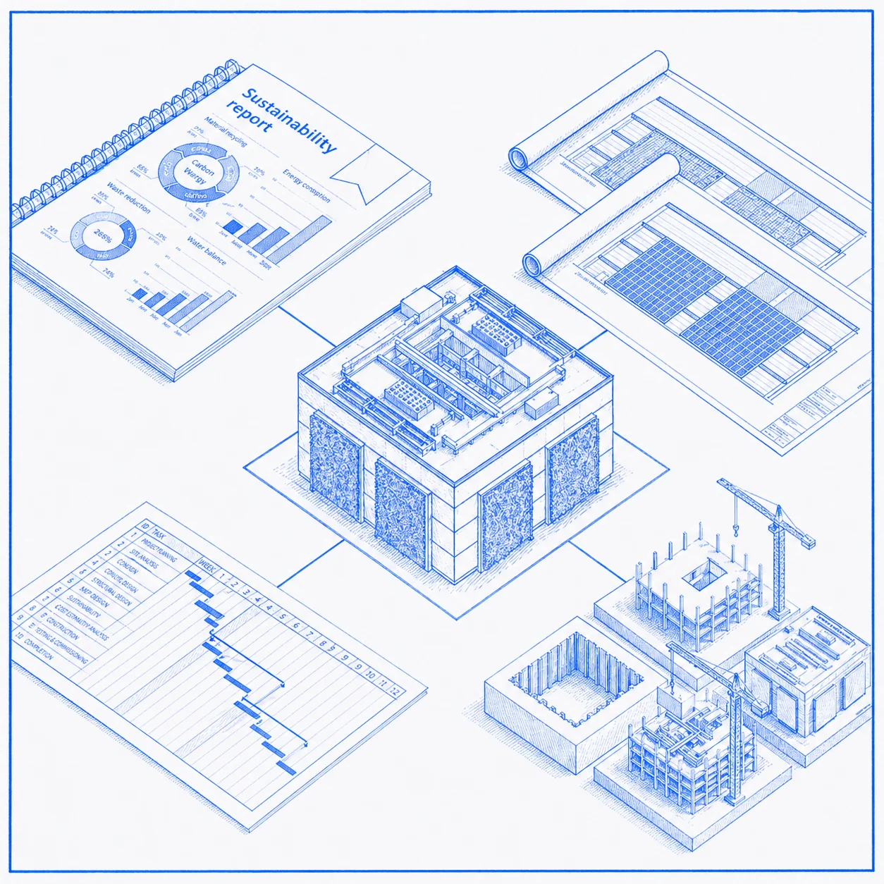 Blueprint drawings with analytical diagrams and charts representing comprehensive engineering analysis and report outputs within a structured documentation package