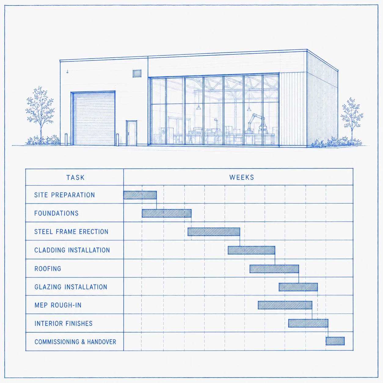 Building facade drawing alongside a structured delivery schedule, representing coordinated technical documentation and programme management for engineering pilot tasks