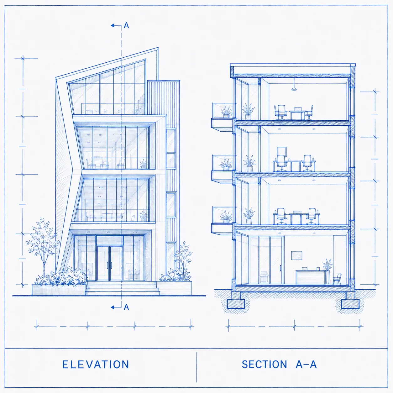 Building elevation and structural section drawing representing precise single-task technical documentation delivery for AEC projects