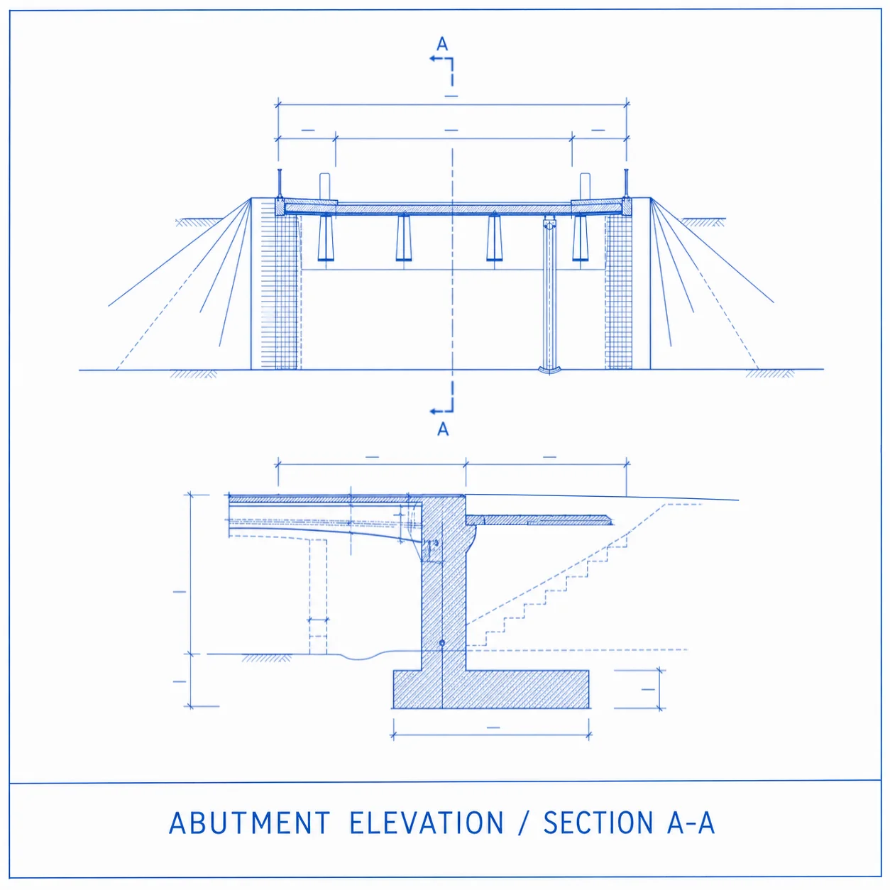 Bridge abutment elevation and section drawing representing detailed structural engineering documentation for civil infrastructure projects
