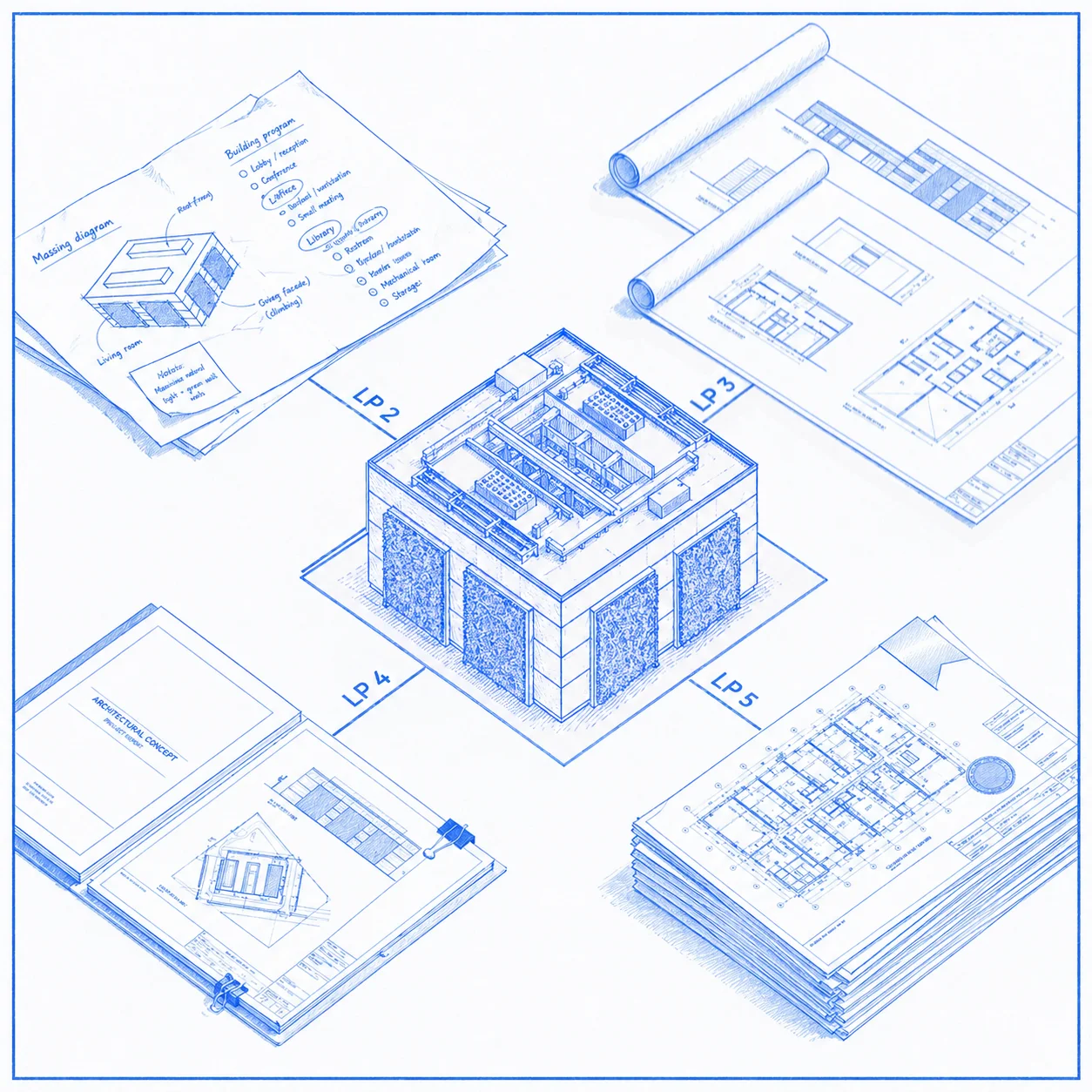 Isometric blueprint assembly of building components representing scalable engineering documentation production for repeat and high-volume AEC projects
