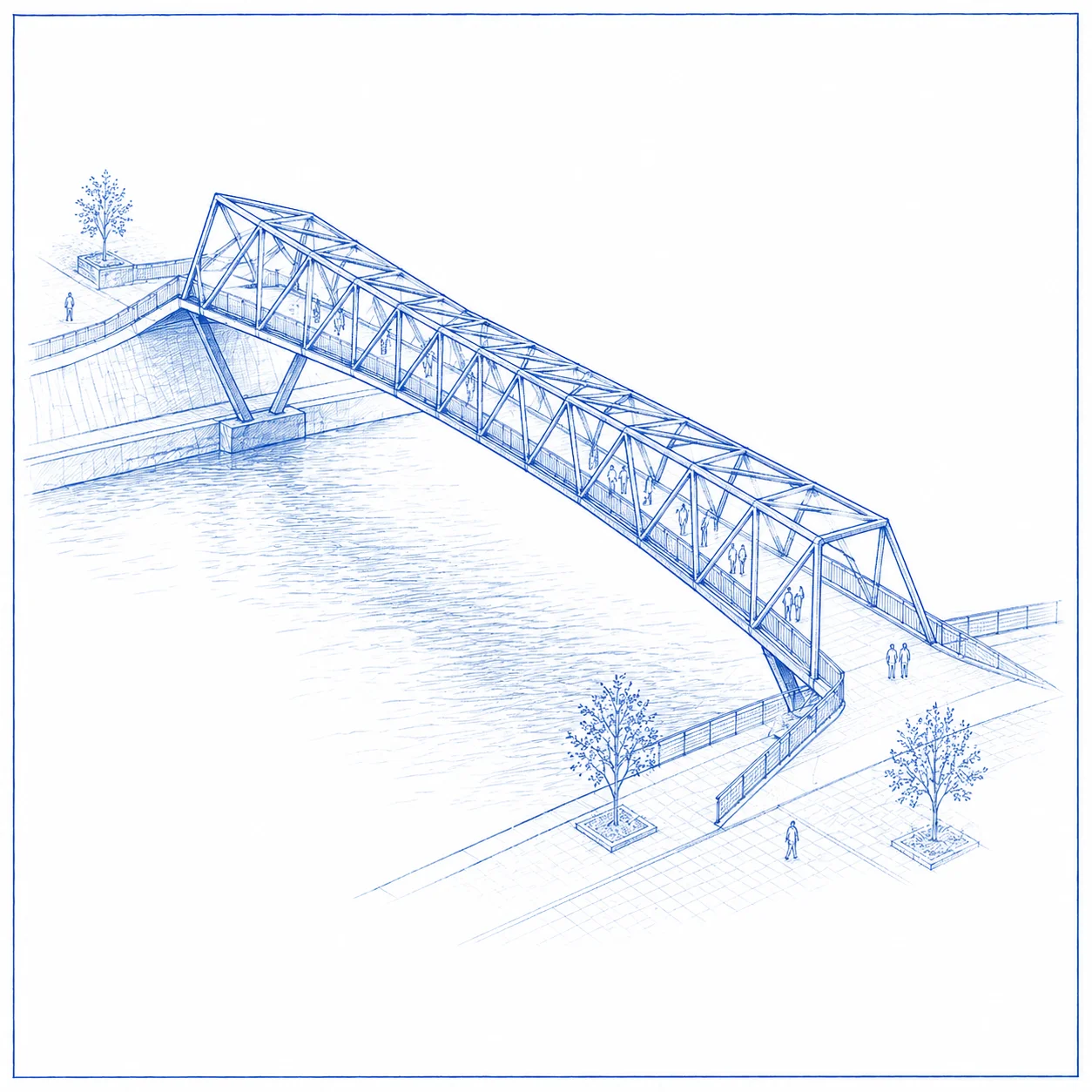 Structural blueprint of a pedestrian bridge representing engineering drawing production for infrastructure and civil engineering pilot tasks