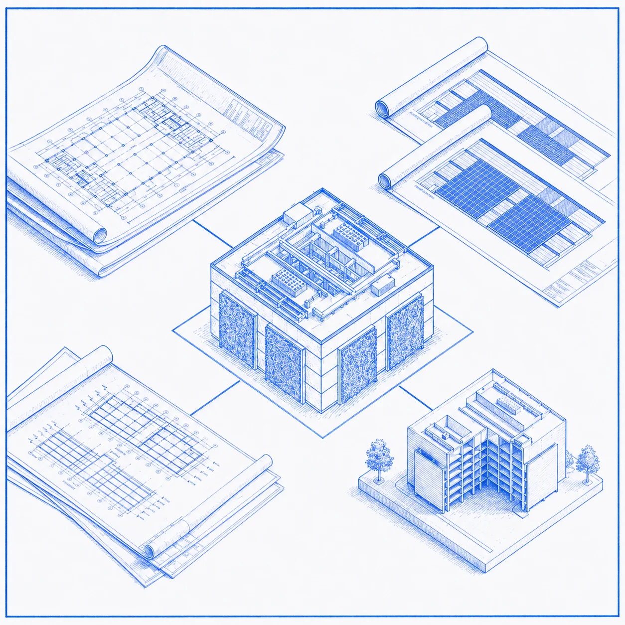 Isometric blueprint drawings of multiple building components representing a complete structural engineering documentation package across all project disciplines