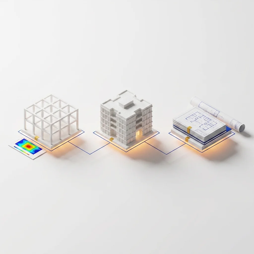 Miniature building model with parametric analysis overlay, representing engineering optimisation and technical analysis within structured documentation delivery