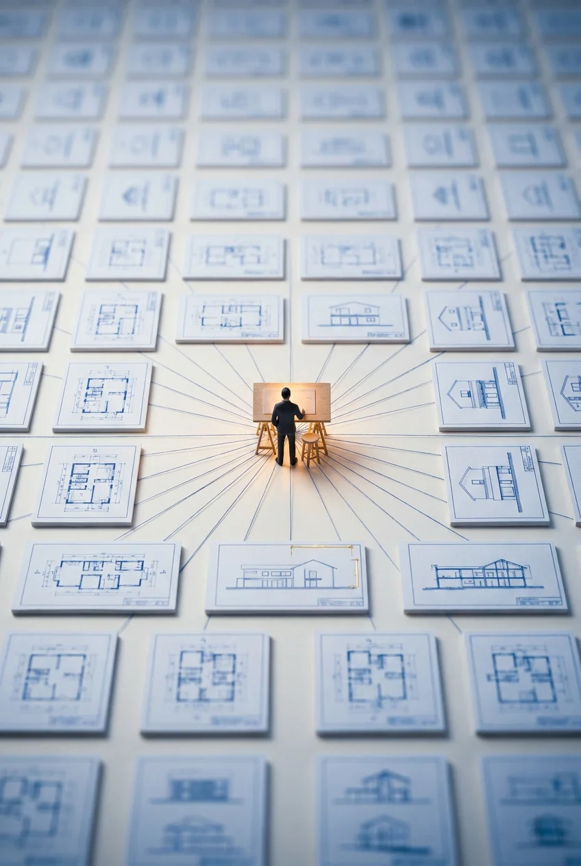 Single engineer standing at the centre of an expansive grid of technical drawings, representing the engineer as the origin point of all structural documentation output