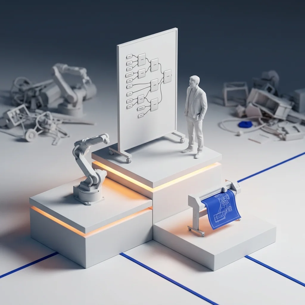 Engineer at a whiteboard surrounded by robotic tools, representing engineering judgment at the centre of a structured technical documentation system