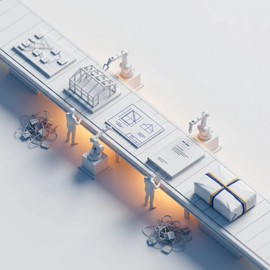 Industrial production scene with robotic arms and mechanical components, representing systematic engineering documentation production as a structured delivery process