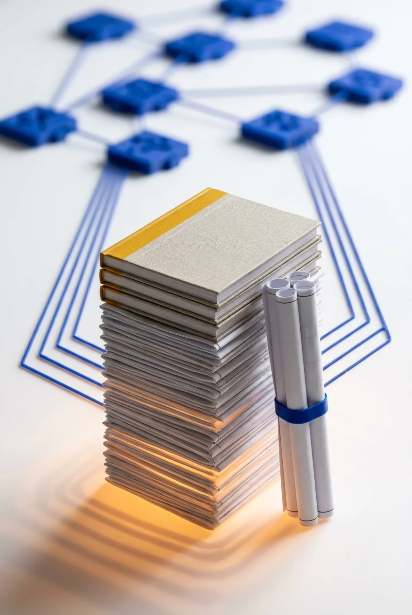 Stacked engineering document packages with cobalt network connections, representing scalable structured documentation production across large AEC project portfolios