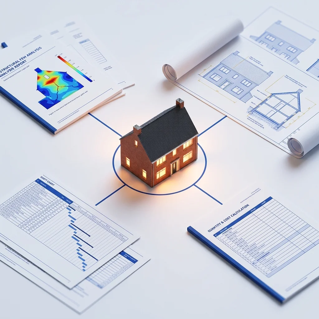 Small house model positioned on structural engineering drawings with analysis data, representing single source of truth methodology in technical documentation production