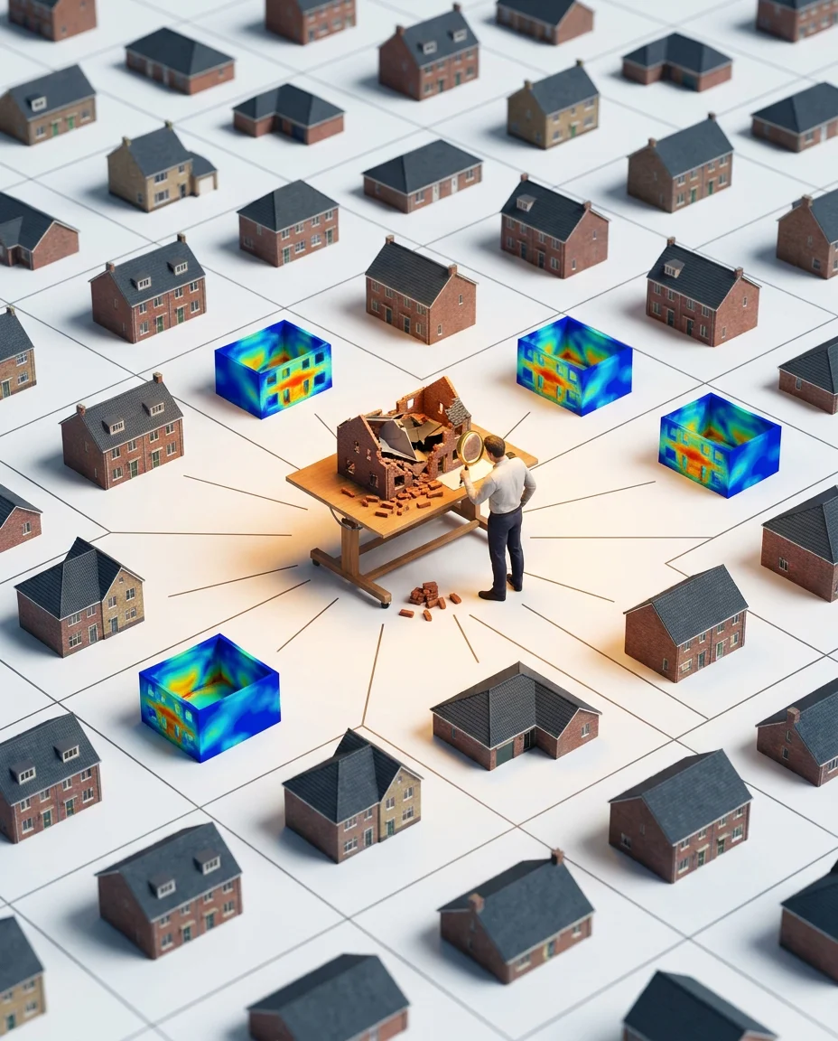 Engineers working across a field of miniature buildings with analysis overlays, representing high-volume structural engineering documentation delivery across multiple simultaneous projects
